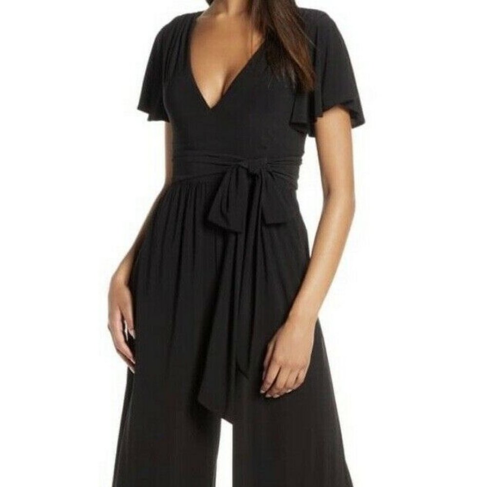Eliza J Jumpsuit 14 Black V Neck Flutter Sleeve